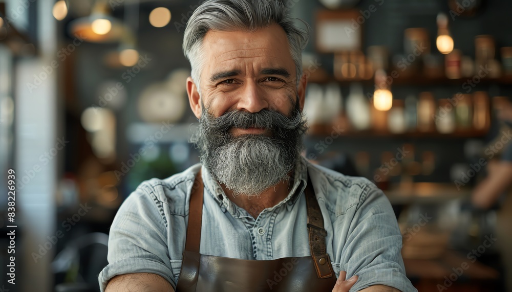 Bearded barber with stylish grey hair, smiling confidently in modern barbershop Bearded barber with stylish grey hair, smiling confidently in modern barbershop