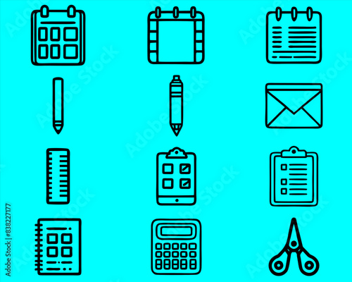 collection of various model of stationery thing icons in black.