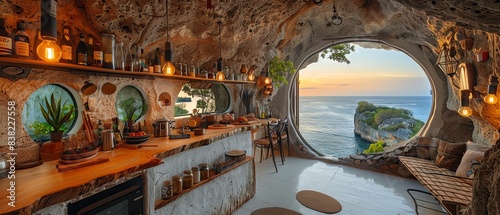 Cozy cave kitchen with rustic decor, sea view through rounded window, warm lighting photo