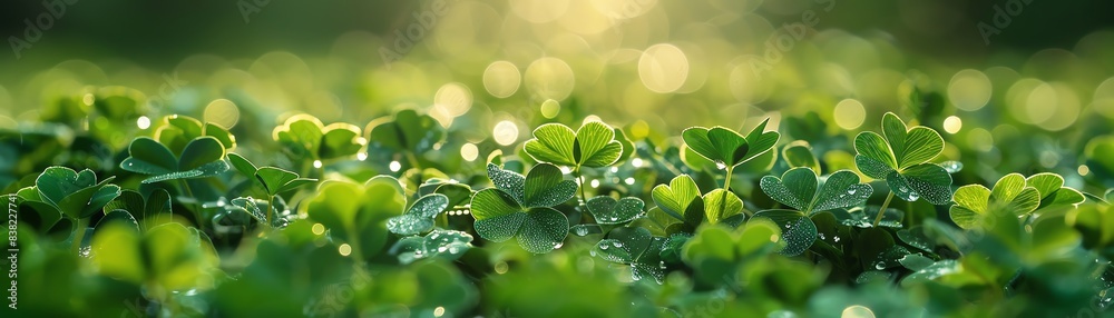 Dewkissed clover field, soft sunlight, lush green, bokeh background Dewkissed clover field, soft sunlight, lush green, bokeh background