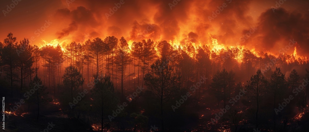 A dramatic forest fire burns intensely through a dense forest, lighting up the night sky with bright orange flames and thick smoke. A dramatic forest fire burns intensely through a dense forest, lighting up the night sky with bright orange flames and thick smoke.