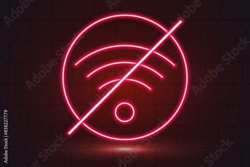 poster no wifi signal, connection, text red neon glow, on the background of a brick wall, for nightclub, bar
