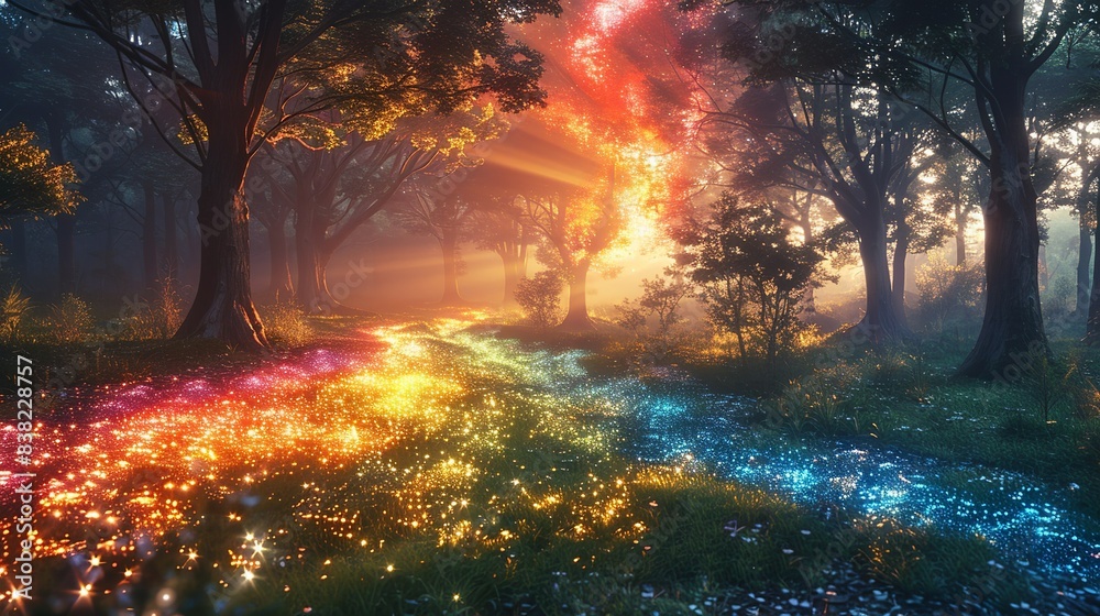 A picturesque landscape where a rainbow of particles flows through a forest, merging the beauty of nature with the dynamic energy of atomic structures. shiny, Minimal and Simple, A picturesque landscape where a rainbow of particles flows through a forest, merging the beauty of nature with the dynamic energy of atomic structures. shiny, Minimal and Simple,