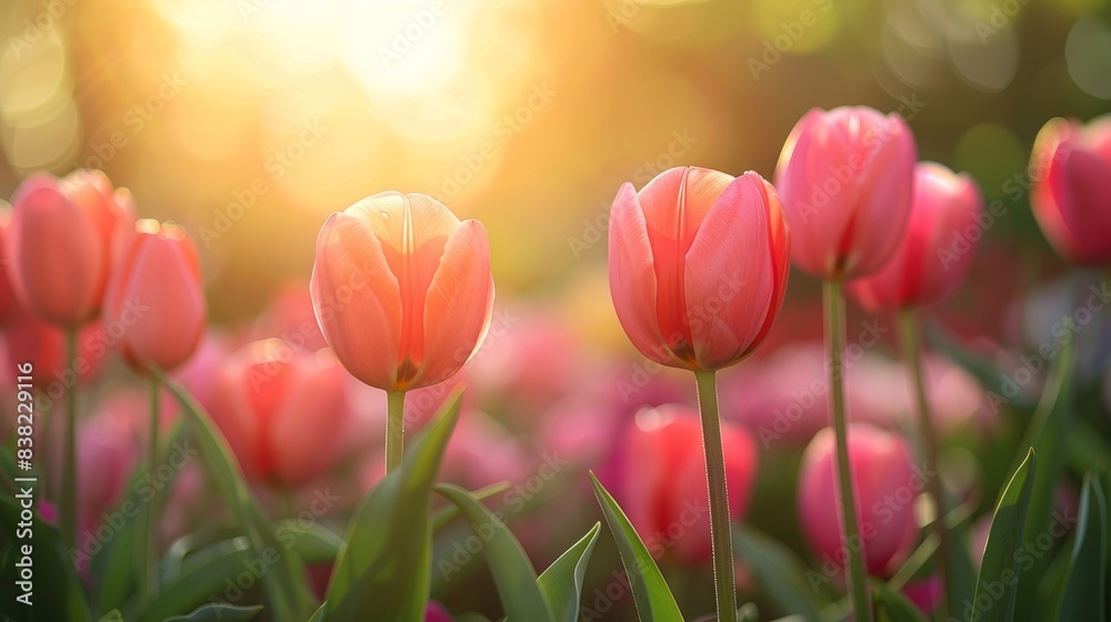 Tulips and flowers in a vibrant garden, sunlight creating a warm glow