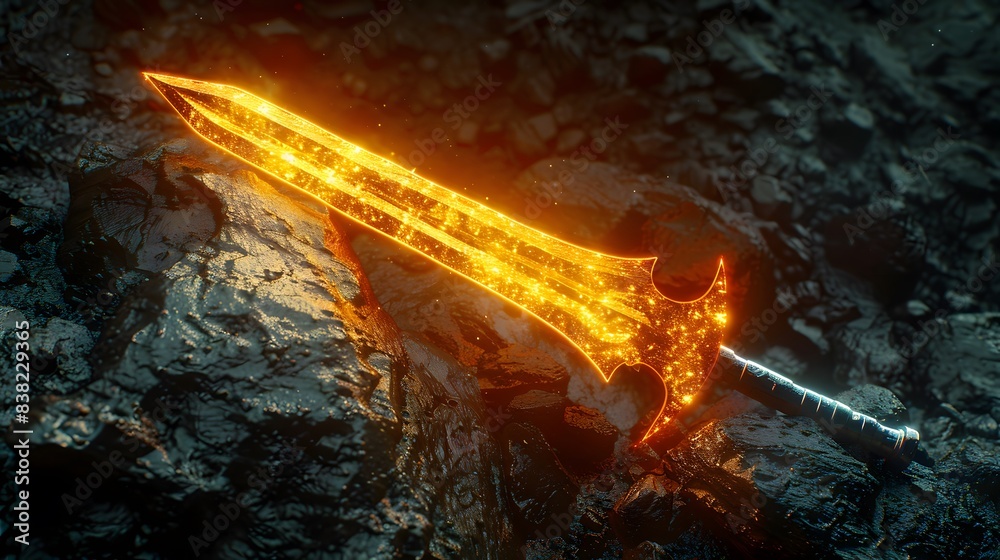 Glowing sword on dark rough rock backgrounds, game scene or fantasy ...