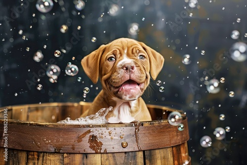 Happy and playful cute dog playing in a foam bath with foam on his face, photography style