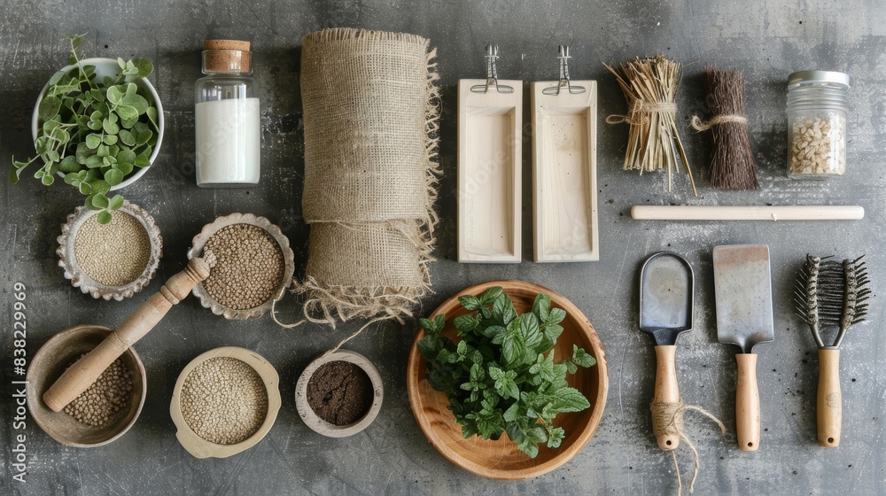 A serene flat lay of a gardening project with tools, seeds, and soil A serene flat lay of a gardening project with tools, seeds, and soil