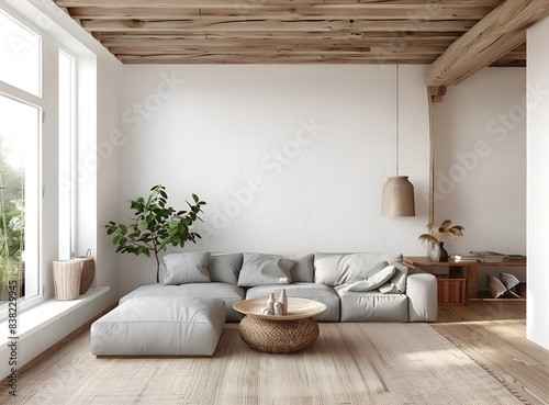 Modern living room interior with white walls, wooden floor and ceiling © Danny mockup 