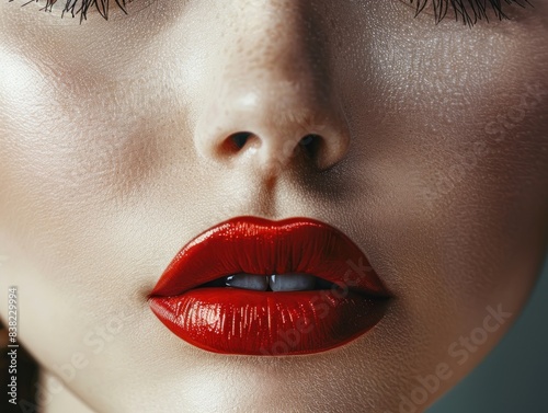 This captivating portrait of a woman emphasizes her beauty with bold and glamorous makeup. Her eyes are the focal point, enhanced with dramatic eyeliner and voluminous lashes, while her lips are photo