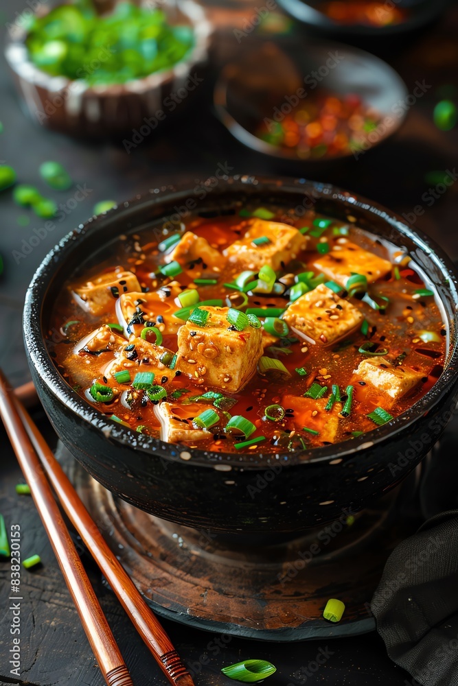 Spicy tofu soup in black bowl, garnished with green onions, chopsticks on side Spicy tofu soup in black bowl, garnished with green onions, chopsticks on side
