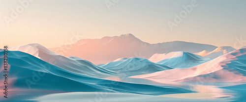 In this 3D rendering, there are cliffs and water in a futuristic landscape. The abstract background is modern and minimal. It has a sunrise or sunset effect. photo