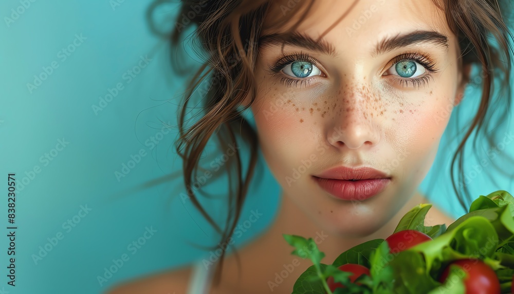 Woman with bright blue eyes holding salad, teal background