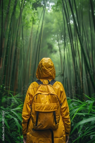 Woman in yellow hiking through lush green bamboo forest, rear view