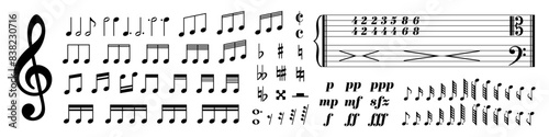 Music notes icon set. Music notes symbol. Black notes symbol. Musical key trendy style elements.