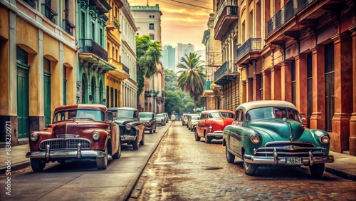 Retro city street lined with vintage cars , vintage, nostalgia, classic, urban, street, automobiles, old-fashioned, timeless, historic, car show, cityscape, antique, transportation © artsakon