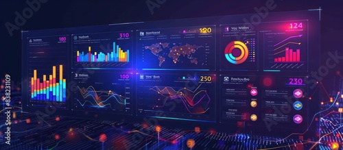 Digital background featuring multiple data visualizations, charts and graphs with neon lights.