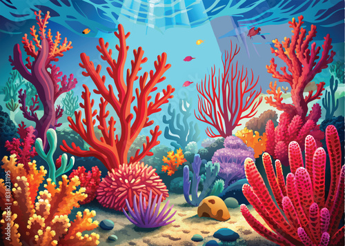 Brightly colored coral reef with sun rays shining through the water-