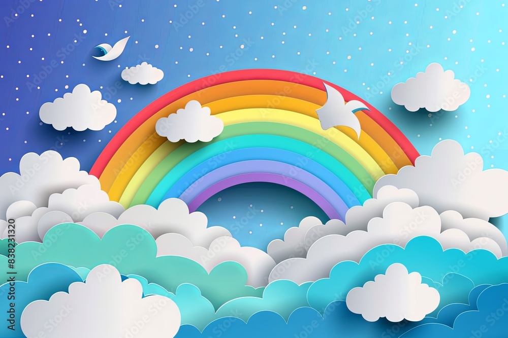 Cloud and rainbow in the blue sky. Paper art. Style, concept - season day, vector design element illustration. Cloud and rainbow in the blue sky. Paper art. Style, concept - season day, vector design element illustration.