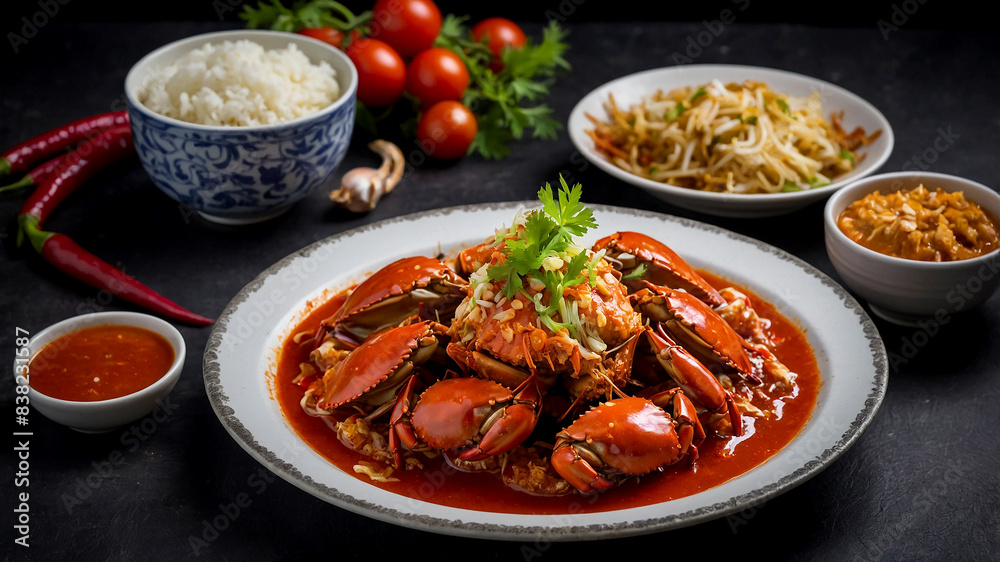Chili Crab popular dish in Singapore featuring whole crabs stir-fried in a semi-thick, sweet and savory tomato and chili-based sauce Chili Crab popular dish in Singapore featuring whole crabs stir-fried in a semi-thick, sweet and savory tomato and chili-based sauce