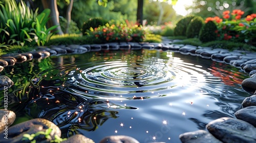 A serene pond in a garden, with the water reflecting a swirl of particles, highlighting the symbiotic relationship between nature and atomic energy. shiny, Minimal and Simple, photo