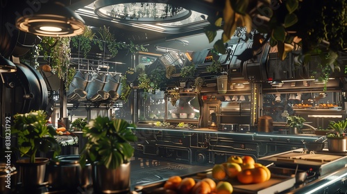 A futuristic culinary laboratory in a dystopian world, captured from a high angle Blend mechanical elements with organic produce, using inventive camera angles