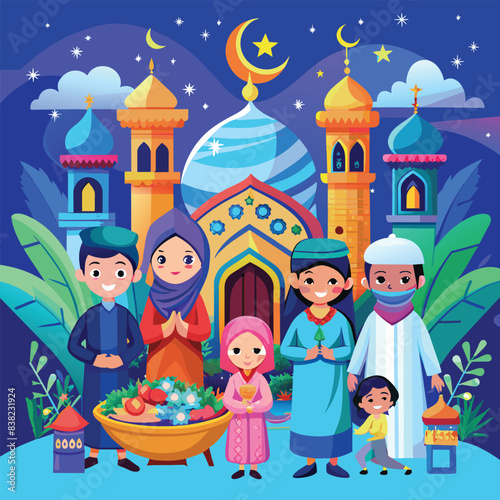 Happy Eid Al Adha Mubarak celebration banner with moon and cow goat paper cut effect on blue night color background. Eid Al Adha Mubarak Muslim celebration day