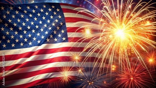 AI generated celebratory fireworks with american flag background for USA independence day, fireworks, american flag, celebration, independence day, USA, patriotic, Fourth of July