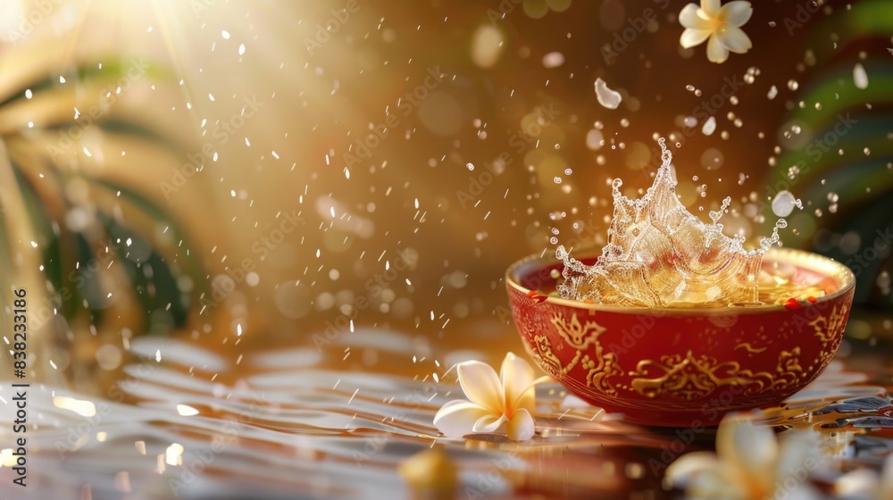 Realistic songkran background with trditional bowl with water splashes and decoration