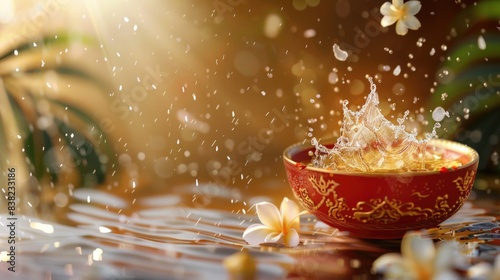 Obraz na płótnie Realistic songkran background with trditional bowl with water splashes and decoration w salonie