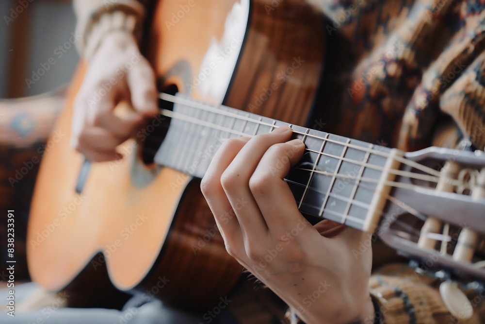 Fototapeta premium Close-Up of Hands Playing Acoustic Guitar Strings in Warm Indoor Setting