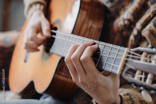 Close-Up of Hands Playing Acoustic Guitar Strings in Warm Indoor Setting