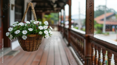 White flowers in the basket on a wooden arch  a flower pot with white petunias hanging from a modern architecture transparent roof of a garden or balcony