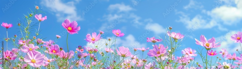 A beautiful meadow filled with vibrant pink flowers under a clear blue sky with scattered clouds. Perfect nature scene for springtime inspiration. A beautiful meadow filled with vibrant pink flowers under a clear blue sky with scattered clouds. Perfect nature scene for springtime inspiration.