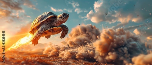 A digitally created image of a turtle with rocket boosters attached, soaring through the sky amidst clouds and the setting sun.