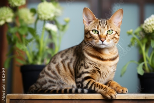 Portrait of a smiling ocicat cat over stylized simple home office background