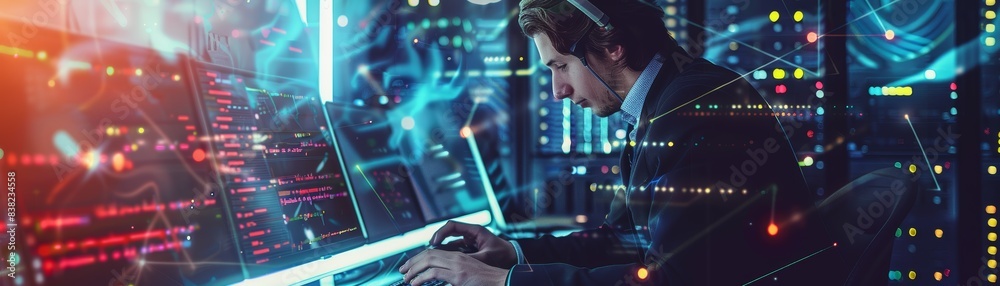 A focused programmer working on a computer in a high-tech environment, surrounded by futuristic screens and digital data. A focused programmer working on a computer in a high-tech environment, surrounded by futuristic screens and digital data.