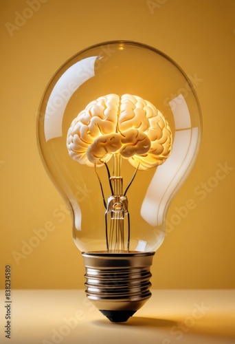 A transparent light bulb reveals a brain within, juxtaposed against a vibrant yellow background, symbolizing illumination 