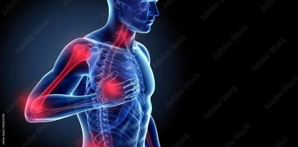 An illustration of the human body with highlighted pain points in red, indicating shoulder and knee pain An illustration of the human body with highlighted pain points in red, indicating shoulder and knee pain