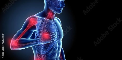An illustration of the human body with highlighted pain points in red, indicating shoulder and knee pain