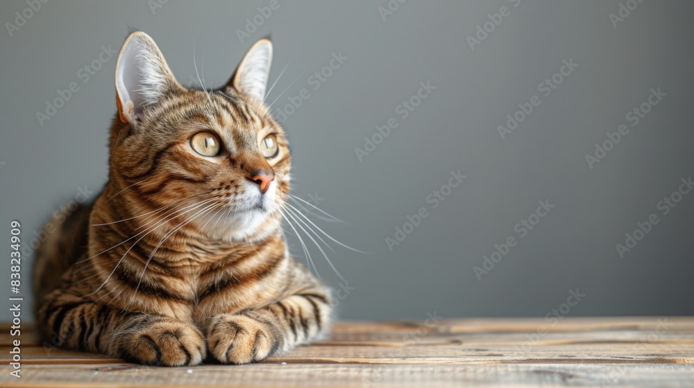 A tabby cat with brown and black stripes is lying on a wooden table ...