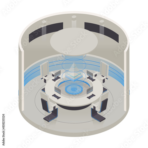 Vector isometric low poly minimalistic tech interior with various furniture. Modern vector illustration. Futuristic round meeting room concept.