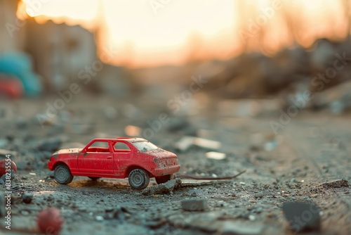 Echoes of Play: An Old Toy Car Amidst Ruins at Dusk