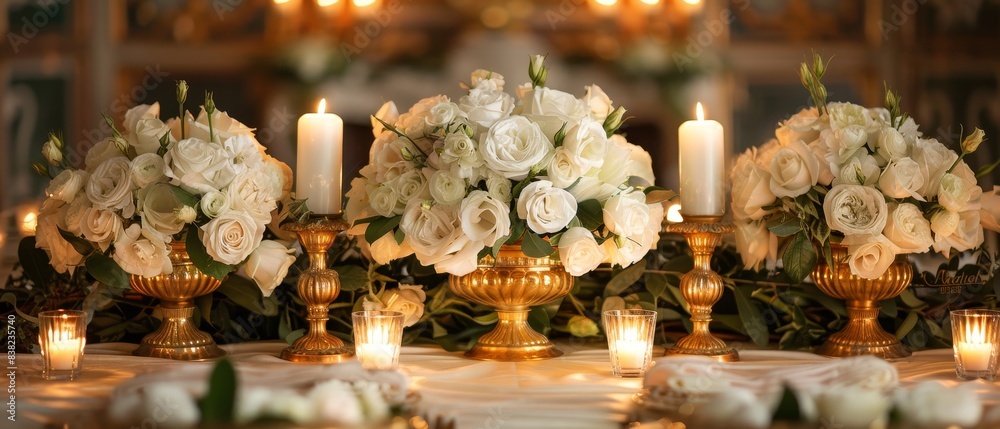 An elegant and luxurious table centerpiece featuring ornate golden candle holders,