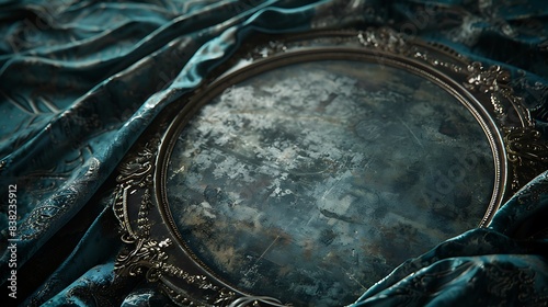 A close-up of a music plate with a beautifully aged patina, set on a dark velvet cloth. 8k, realistic, full ultra HD, high resolution and cinematic photography photo