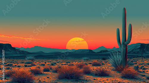 illustration of psychedelic style cactus and desert at the sunset