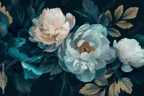 Vintage floral pattern with peonies, tulips, buds, flowers, butterflies. Botanical seamless wallpaper. Hand drawn realistic design for fabric, paper, packaging, postcards, backgrounds