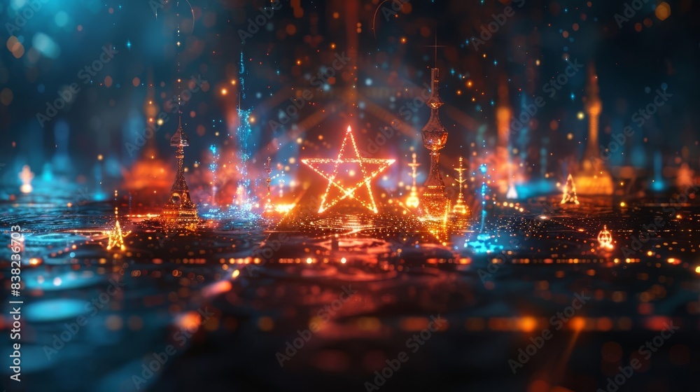 Interfaith dialogue visualized with holographic symbols of various religions converging Interfaith dialogue visualized with holographic symbols of various religions converging