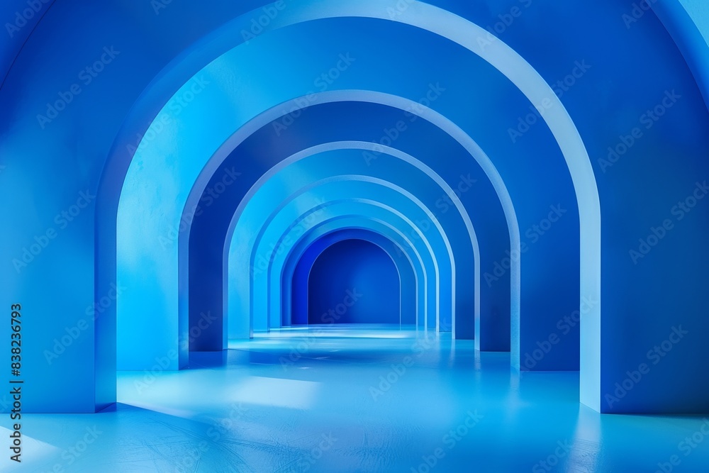 Illustration of blue round arch with cold water, abstract digital background with empty space. Stage, platform for technological product. Wavy structure, shape, perspective. Illustration of blue round arch with cold water, abstract digital background with empty space. Stage, platform for technological product. Wavy structure, shape, perspective.