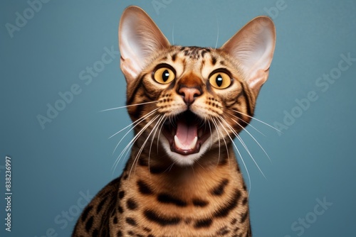 Portrait of a smiling ocicat cat on plain cyclorama studio wall