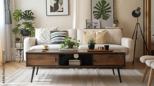 American retro style coffee table with dark wood and metal legs against a white sofa, featuring a black matte top surface displaying books, cups, and decorations. Detailed textures highlighted through